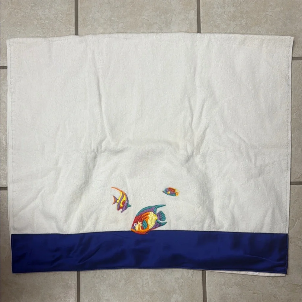 White Bath Towels With Colorful Embroidered Fish & Blue Border